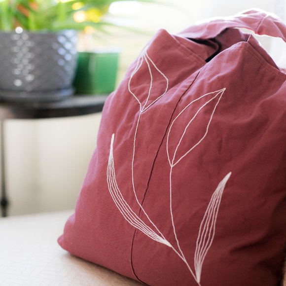 Handmade Upcycled Red Khaki Tote Bag with Hand Embroidery Design - Picture 6 of 6